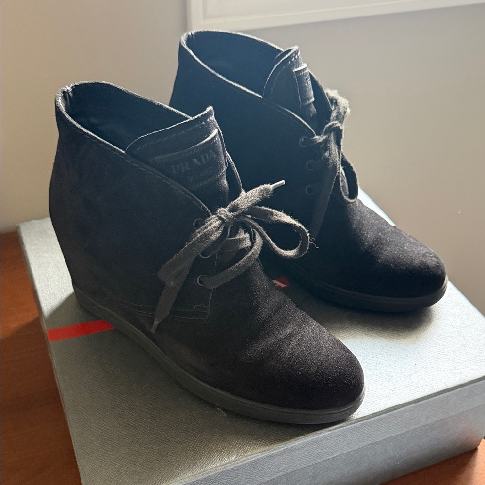 Prada Women's Black Suede Wedge Boots